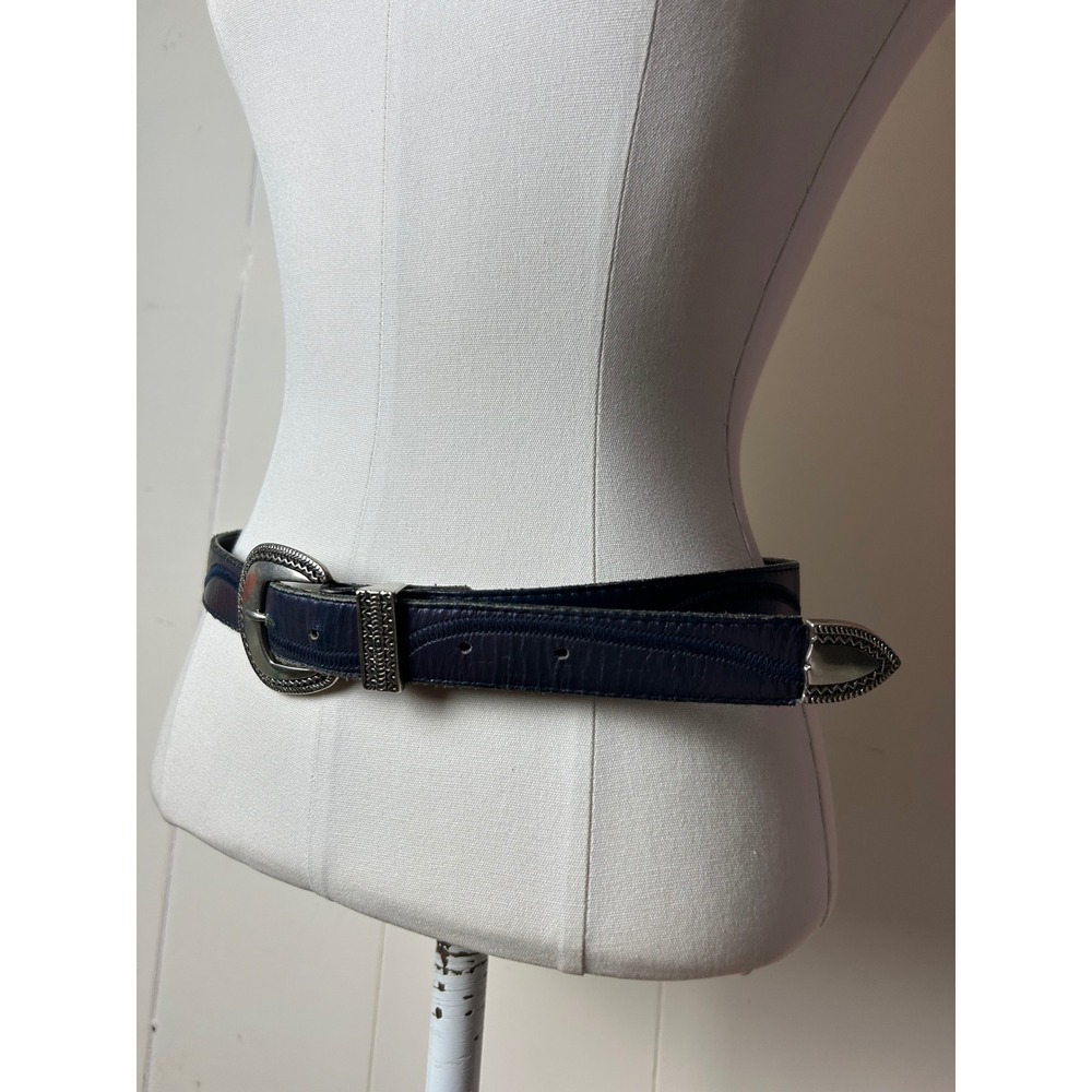 Vintage Navy Blue Leather Western Belt Silver M Ranch Boho Festival Cowboy - Picture 2 of 10